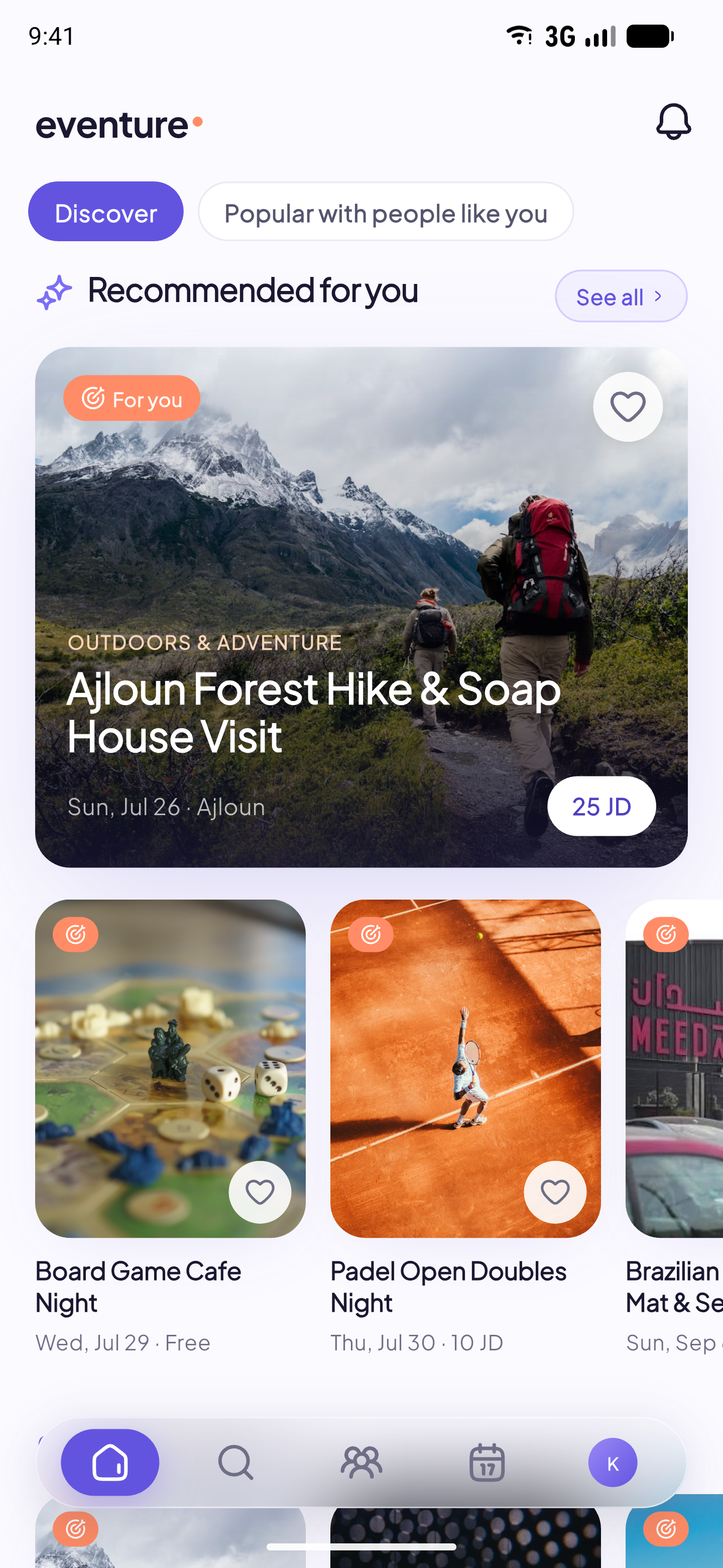 Eventure app — recommended-for-you discovery feed