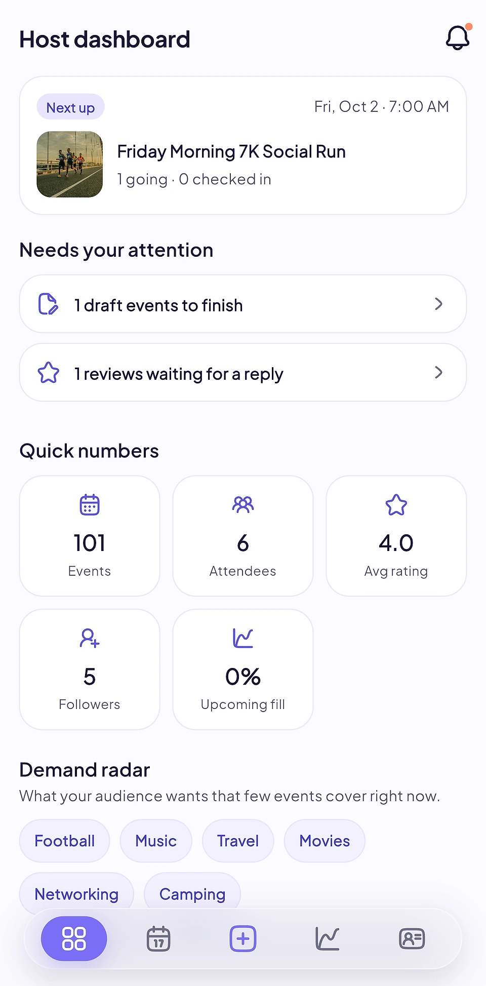 Eventure host app: dashboard