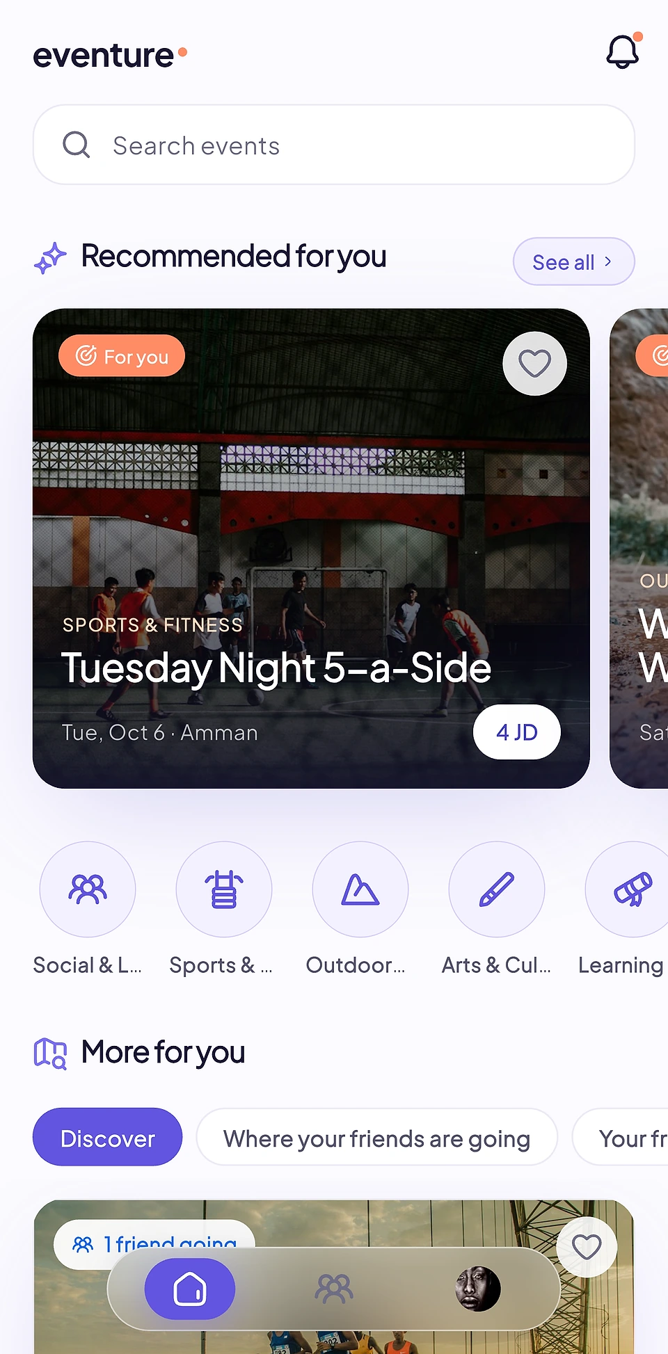 Eventure app — recommended-for-you discovery feed